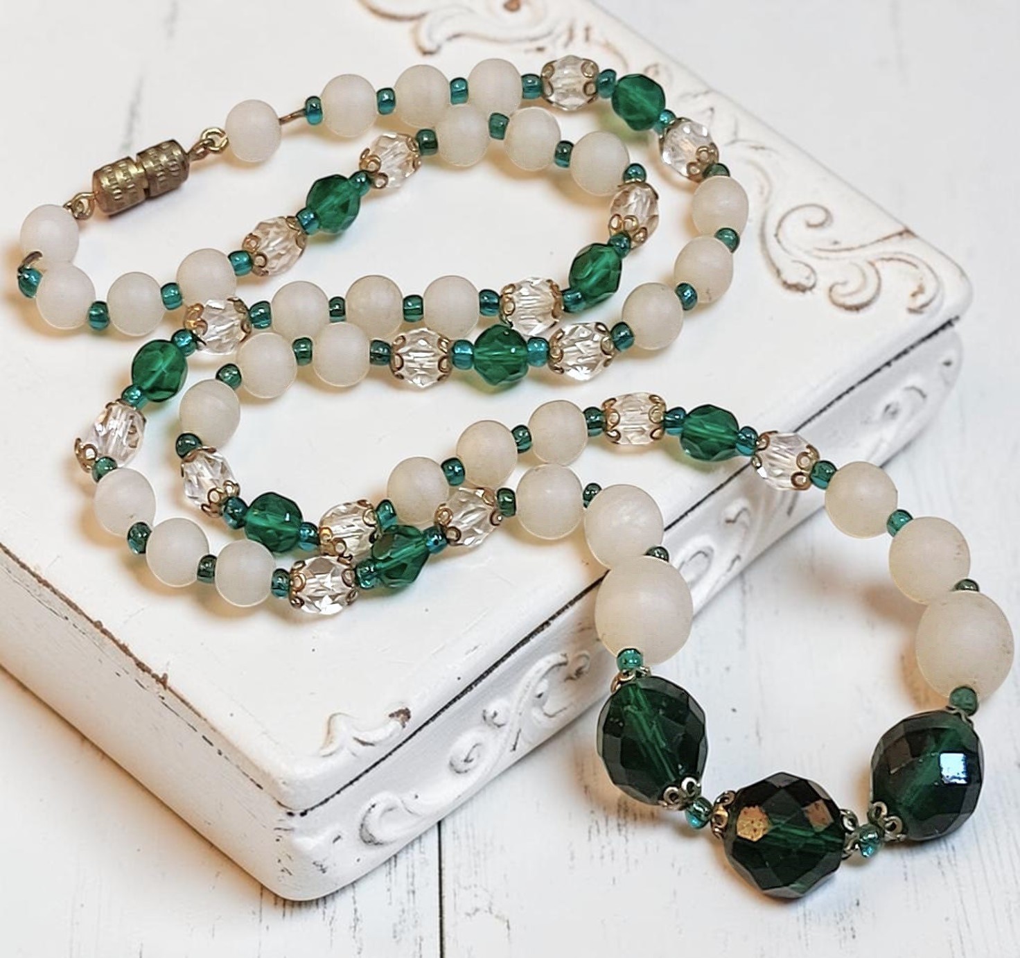 Green crystal and bead necklace, green and white crystals, lucite beads with twist clasp