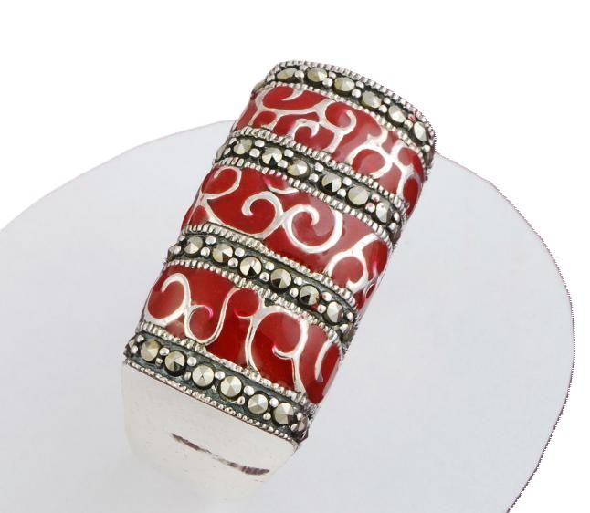 Art Deco Sterling Silver & Marcasite with Red Enamel Ring Size 8