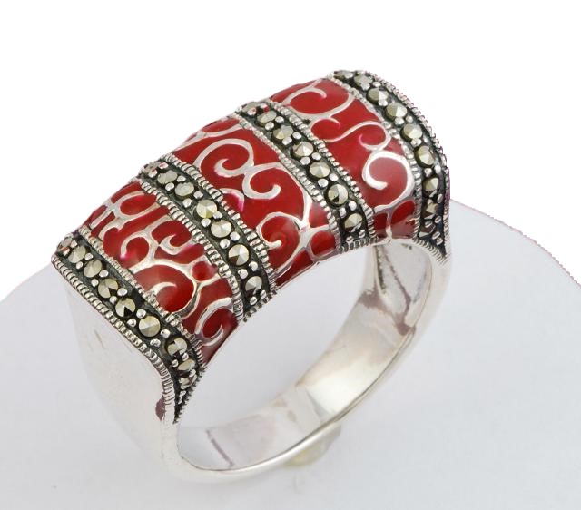 Art Deco Sterling Silver & Marcasite with Red Enamel Ring Size 8