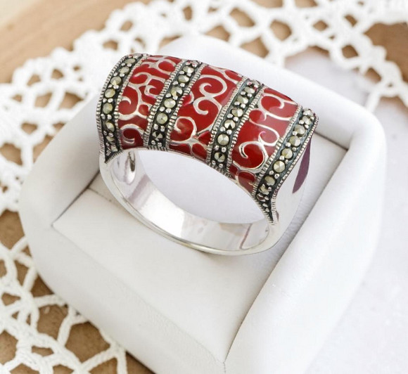 Sterling Silver and Marcasite with Red Enamel Ring Size 6