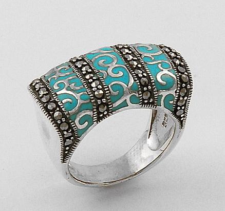 Art Deco Sterling Silver Marcasite Turquoise Enamel Ring Size 9