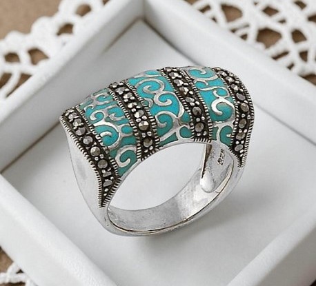 Sterling Silver and Marcasite with Turquoise Enamel Ring Size 7