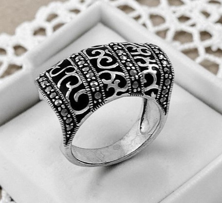 Sterling Silver and Marcasite with Black Enamel Ring Size 7