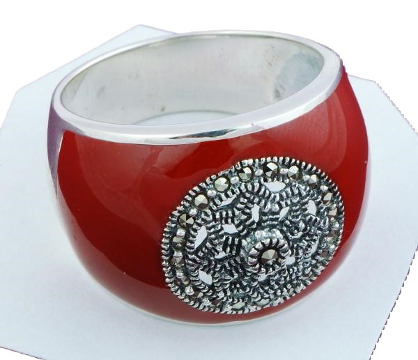 Renaissance Style Marcasite & Red Enamel Sterling Silver Ring 6