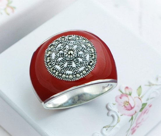 Marcasite and Red Enamel Sterling Silver Ring Size 6