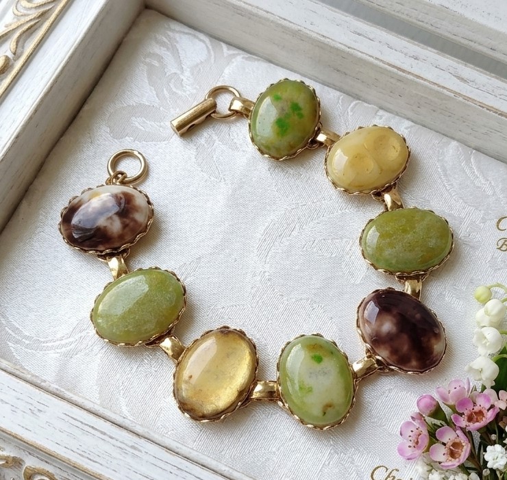 Stone link bracelet, vintage, brown, green and beige hues