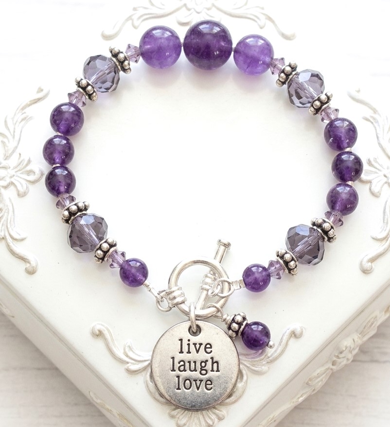 Purple Jade Gemstone & Crystal Sterling Silver Triangle Bead Bracelet