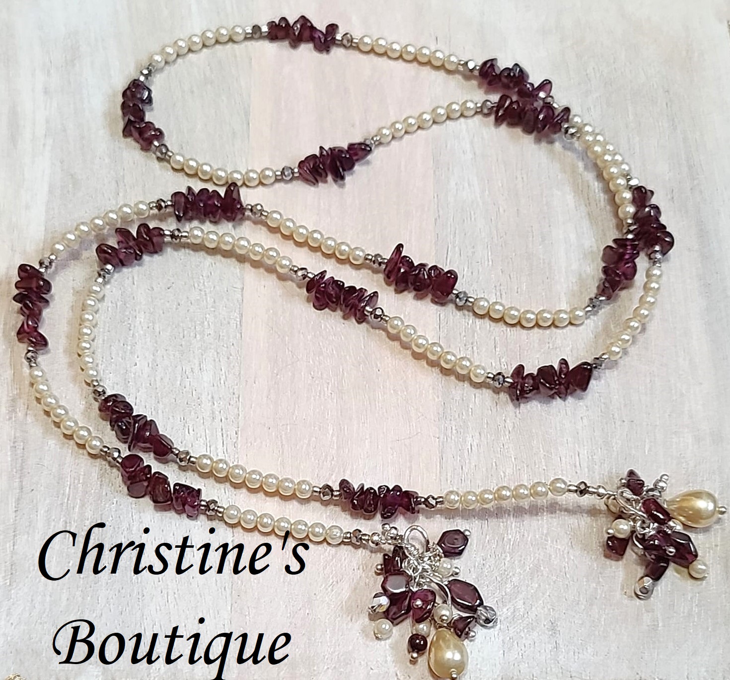 Garnet lariat necklace, garnets and pearls with fringe handcraft - Click Image to Close