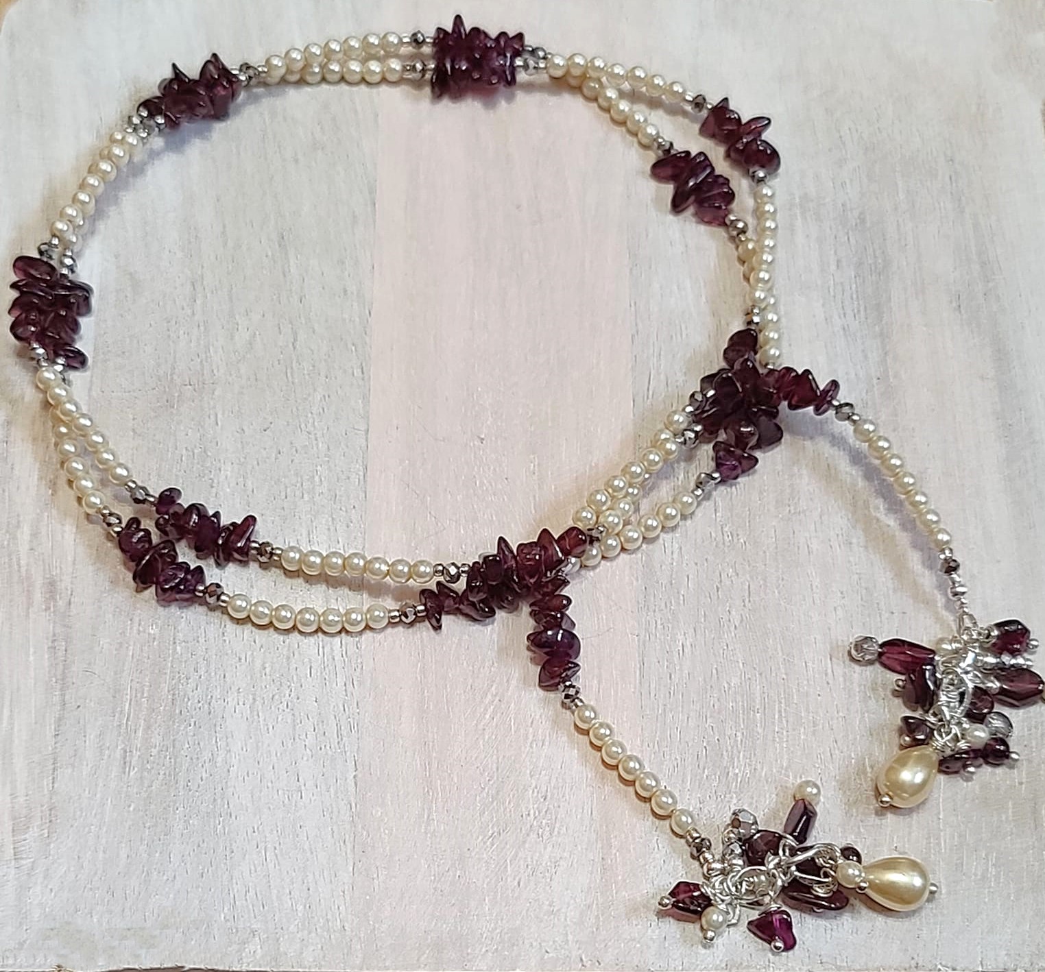 Garnet lariat necklace, garnets and pearls with fringe handcraft