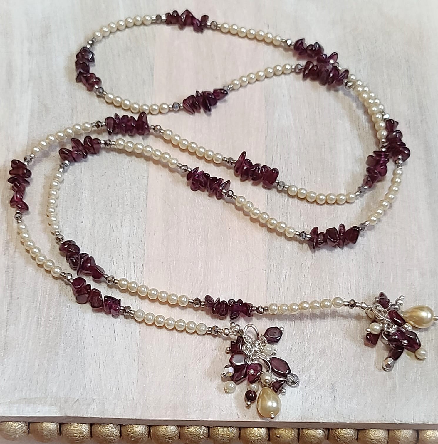 Garnet lariat necklace, garnets and pearls with fringe handcraft