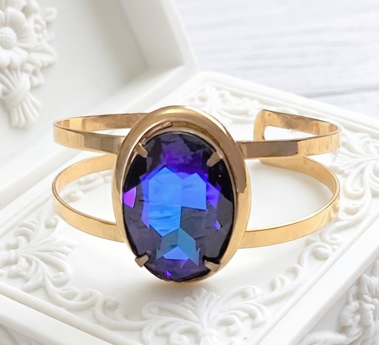 Vintage Blue Purple Glass Rhinestone Cuff Bracelet