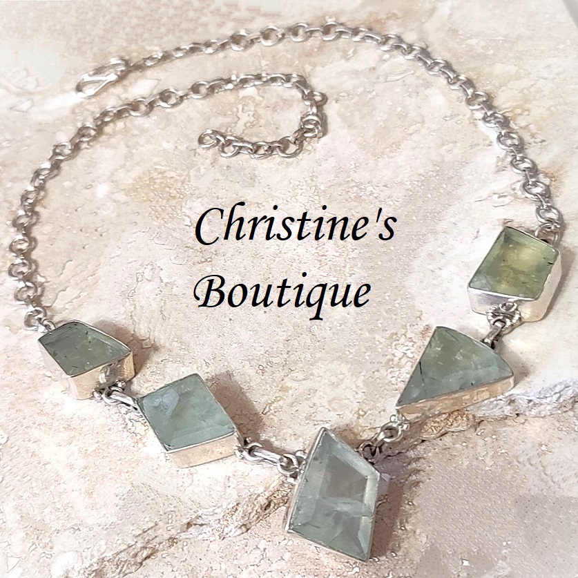 Gemstone necklace, moss green prehnite gemstone, set in 925 sterling silver - Click Image to Close