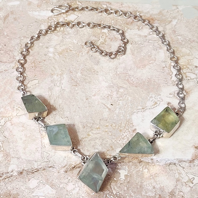 Gemstone necklace, moss green prehnite gemstone, set in 925 sterling silver