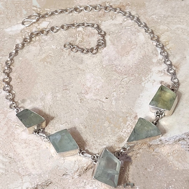 Gemstone necklace, moss green prehnite gemstone, set in 925 sterling silver