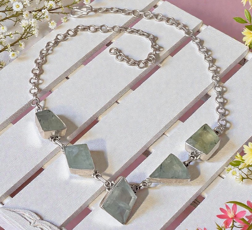 Gemstone necklace, moss green prehnite gemstone, set in 925 sterling silver