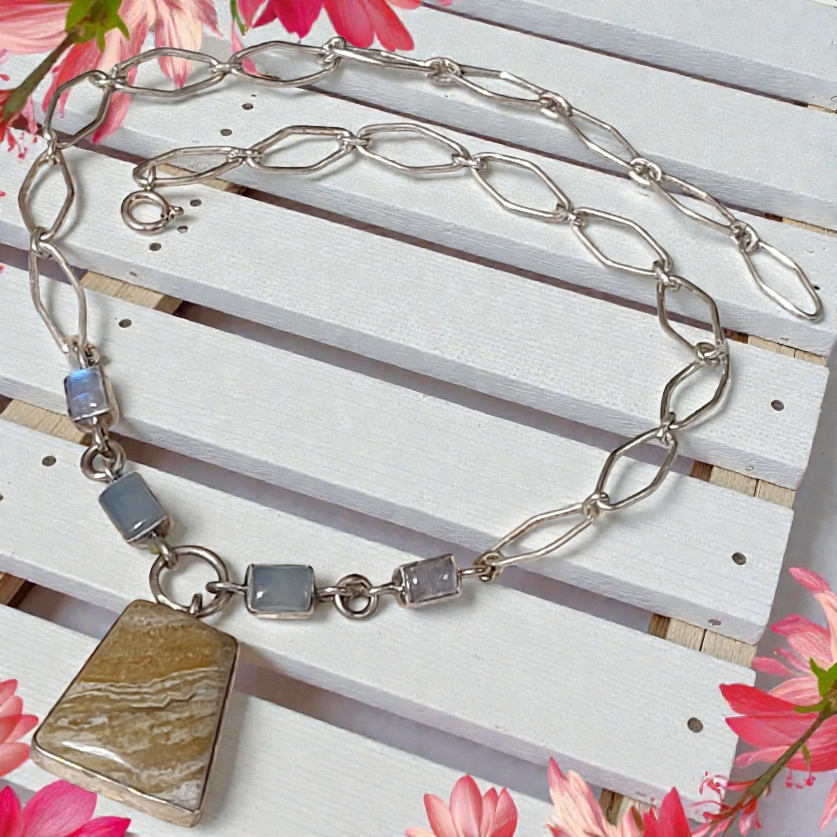 Jasper, Moonstone, Agate 925 Sterling Silver Necklace