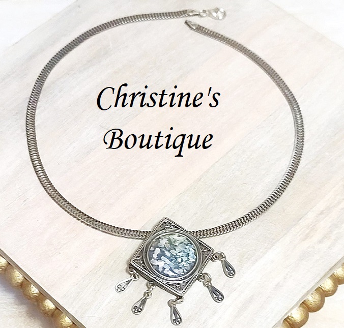 Roman glass pendant necklace, filigree slide pendant on chain, set in 925 sterling silver