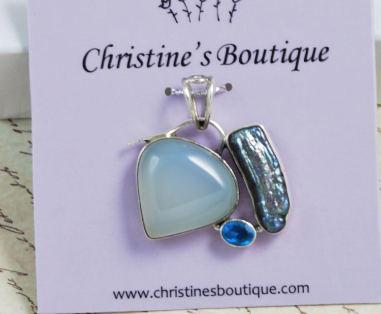Chalcedony, Biwi pearl and Blue Quartz Sterling Silver Pendant