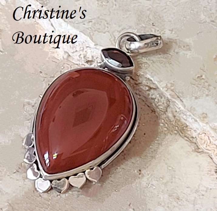 Red Carnelian and Garnet Gemstone Sterling Silver Pendant - Click Image to Close