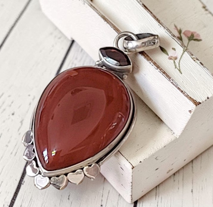 Red Carnelian and Garnet Gemstone Sterling Silver Pendant