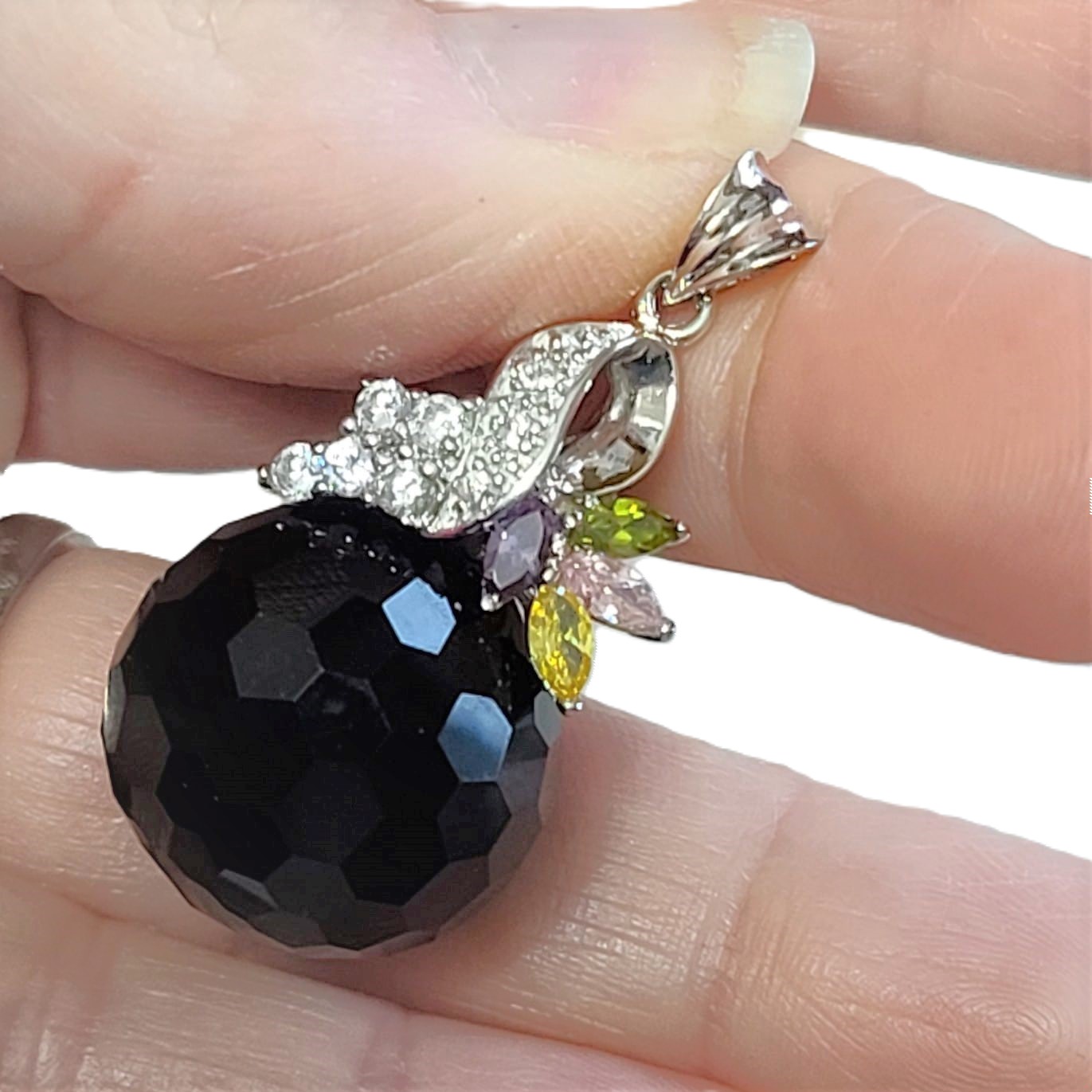 Faceted Black Onyx with CZ Stones Sterling Silver Pendant