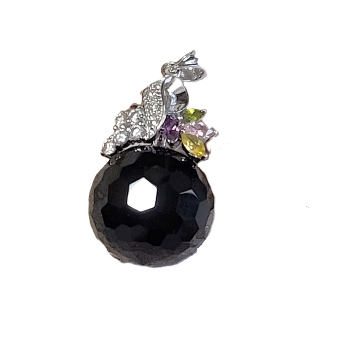 Faceted Black Onyx with CZ Stones Sterling Silver Pendant