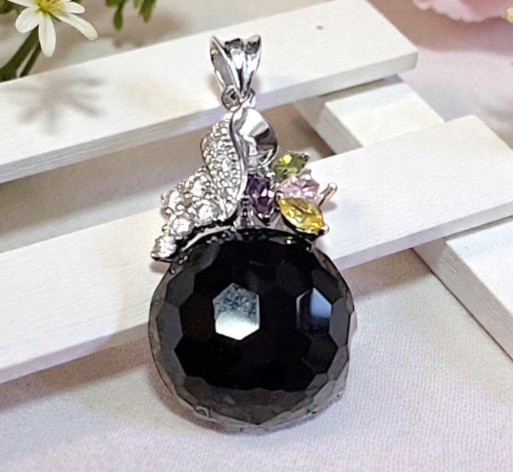 Faceted Black Onyx with CZ Stones Sterling Silver Pendant