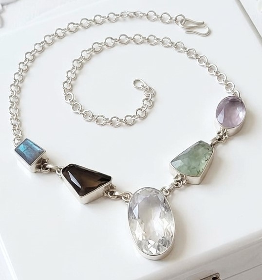 White Topaz, Smokey Topaz Rose Quartz 925 Sterling Necklace