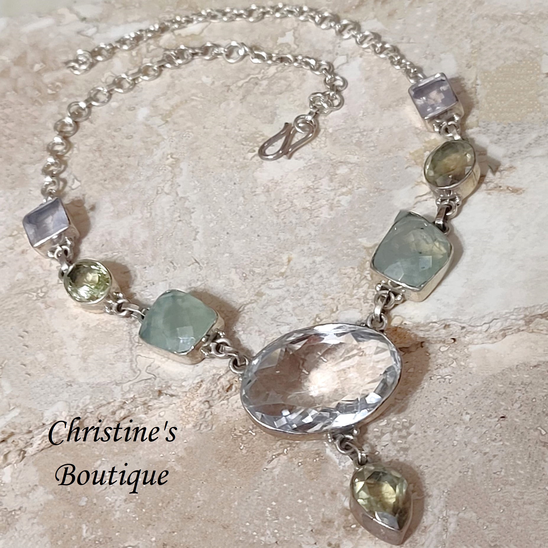 Citrine, White Topaz, Moss Prehnite Gemstones 925 SS Necklace - Click Image to Close