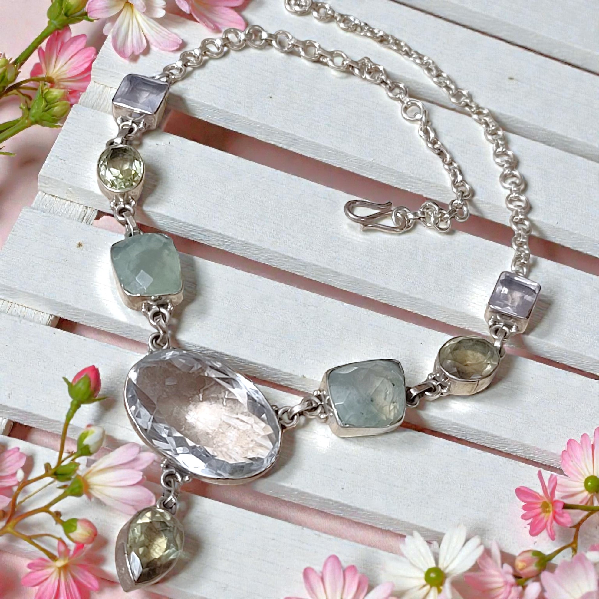 Citrine, White Topaz, Moss Prehnite Gemstones 925 SS Necklace