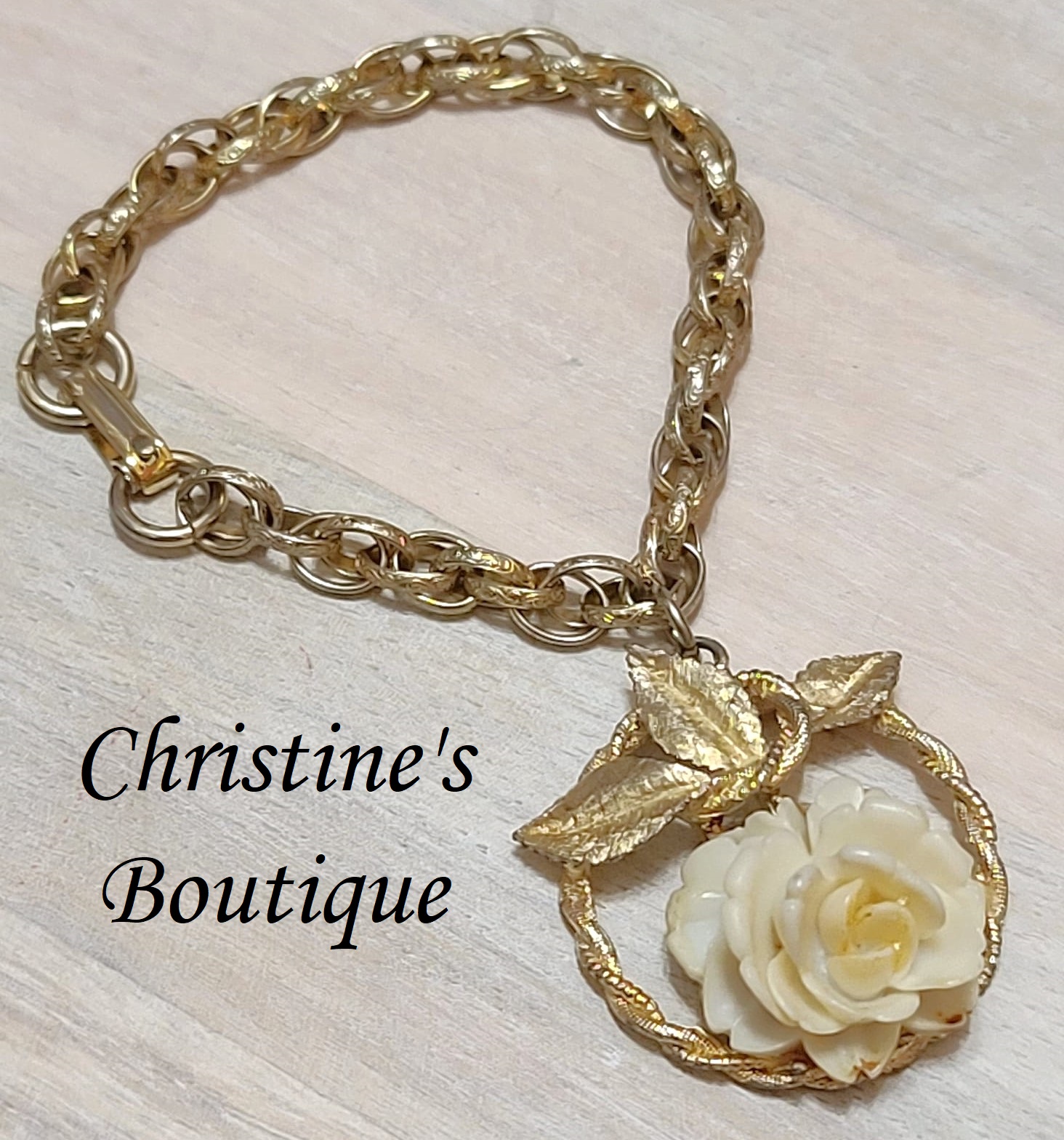 Rose charm bracelet, vintage, carved rose celluiode large charm on goldtone chain - Click Image to Close
