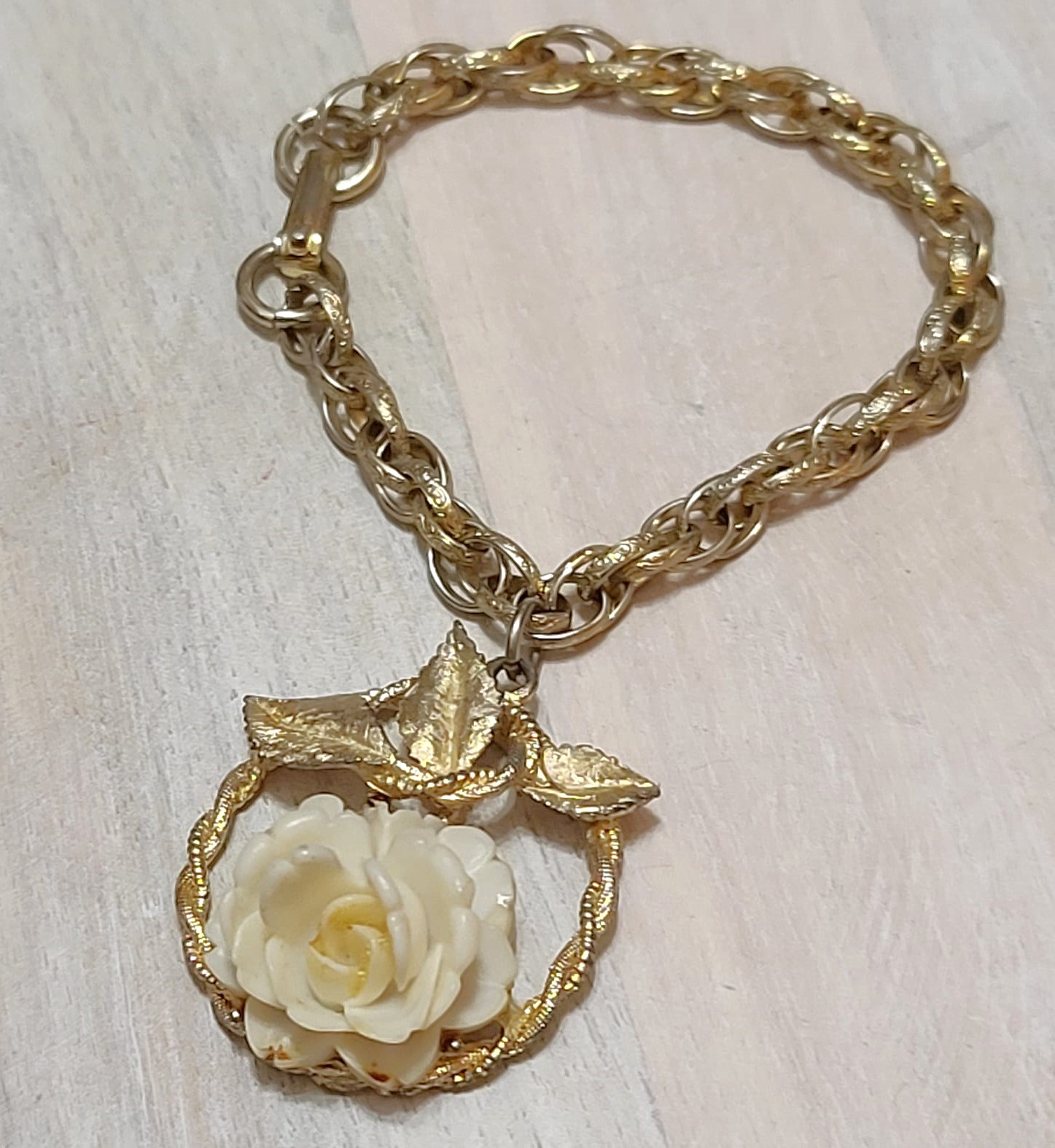 Rose charm bracelet, vintage, carved rose celluiode large charm on goldtone chain