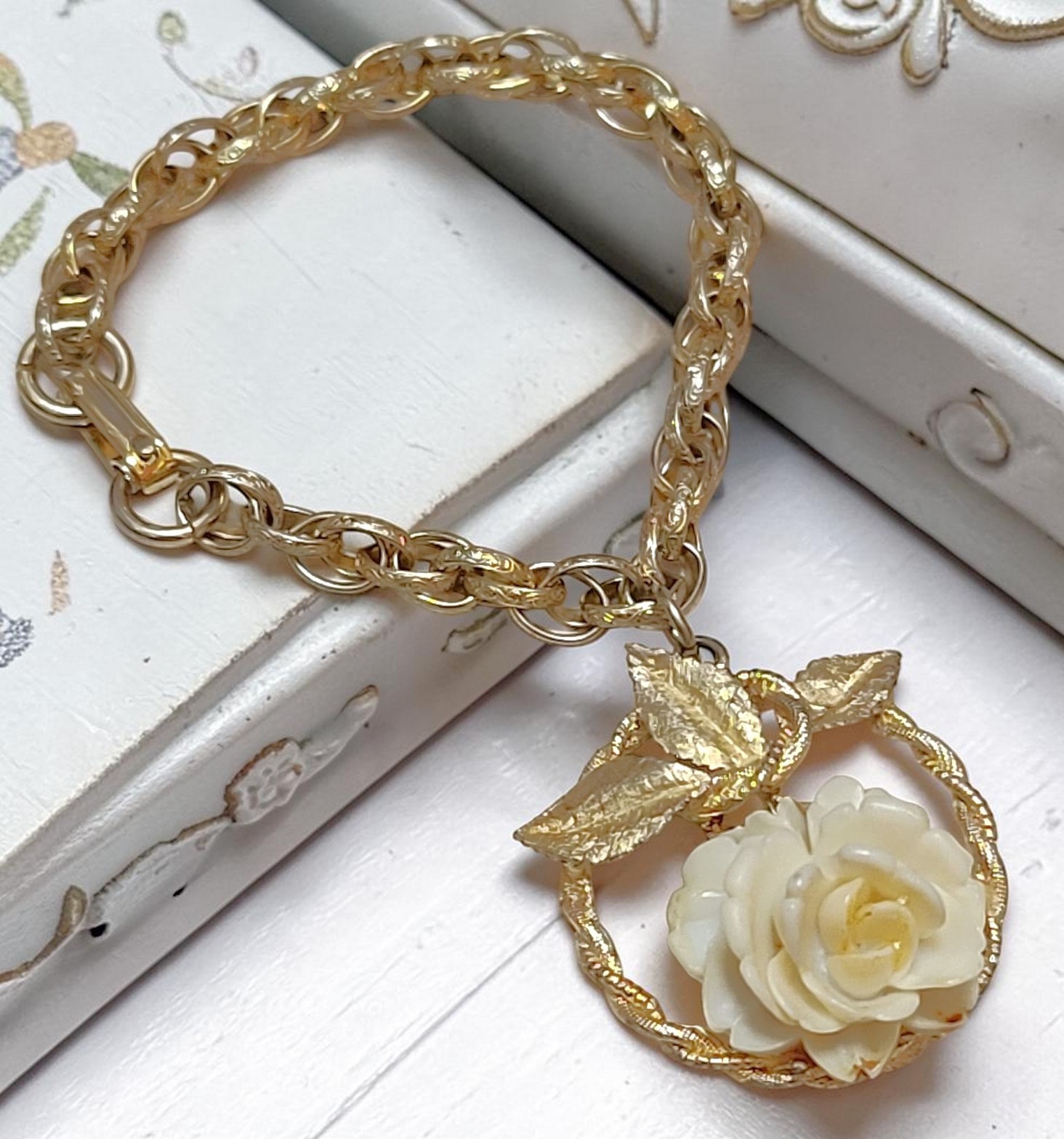 Rose charm bracelet, vintage, carved rose celluiode large charm on goldtone chain