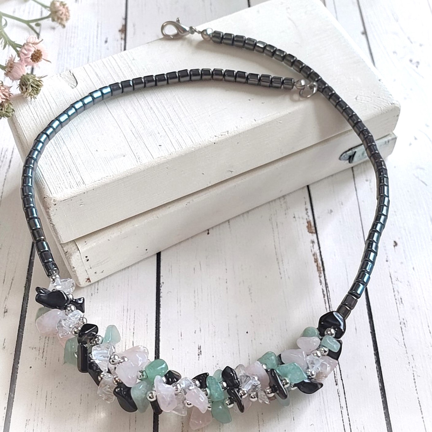 Hematite and Quartz Gemstone Necklace 18"