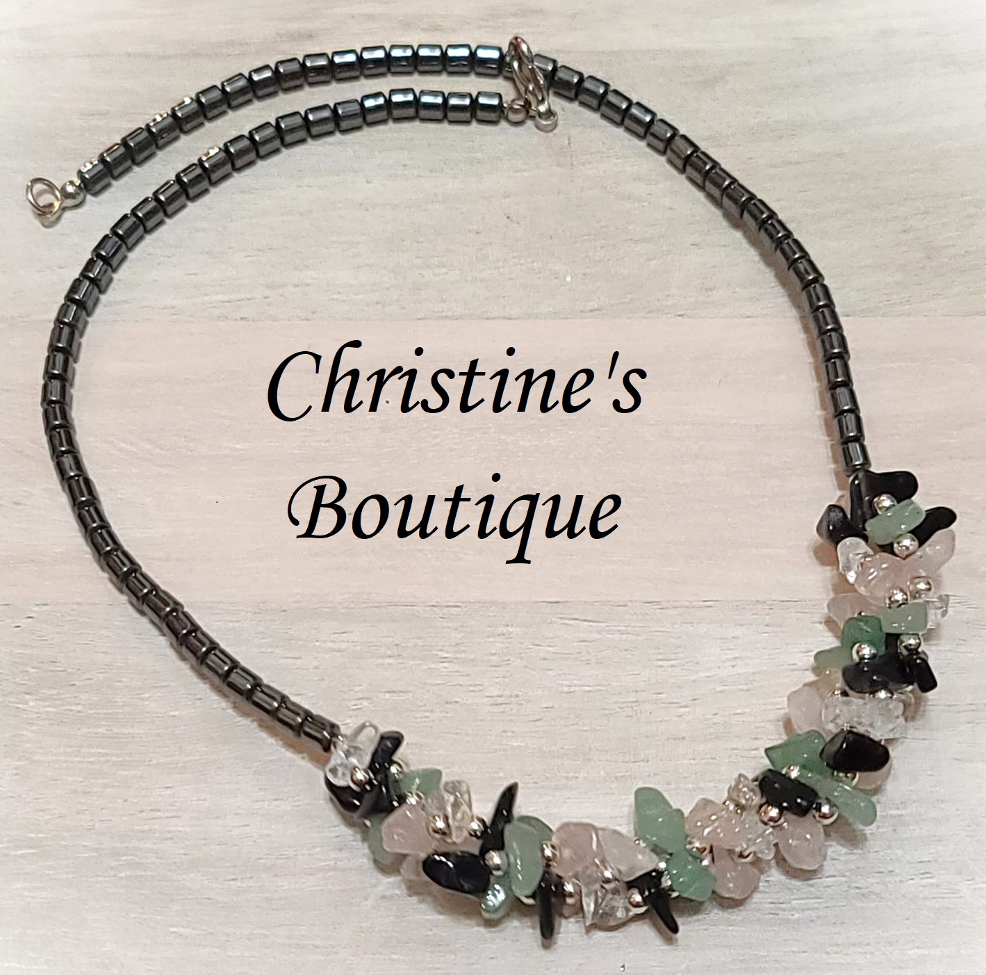 Hematite & Quartz Gemstones Beads Necklace 18" - Click Image to Close