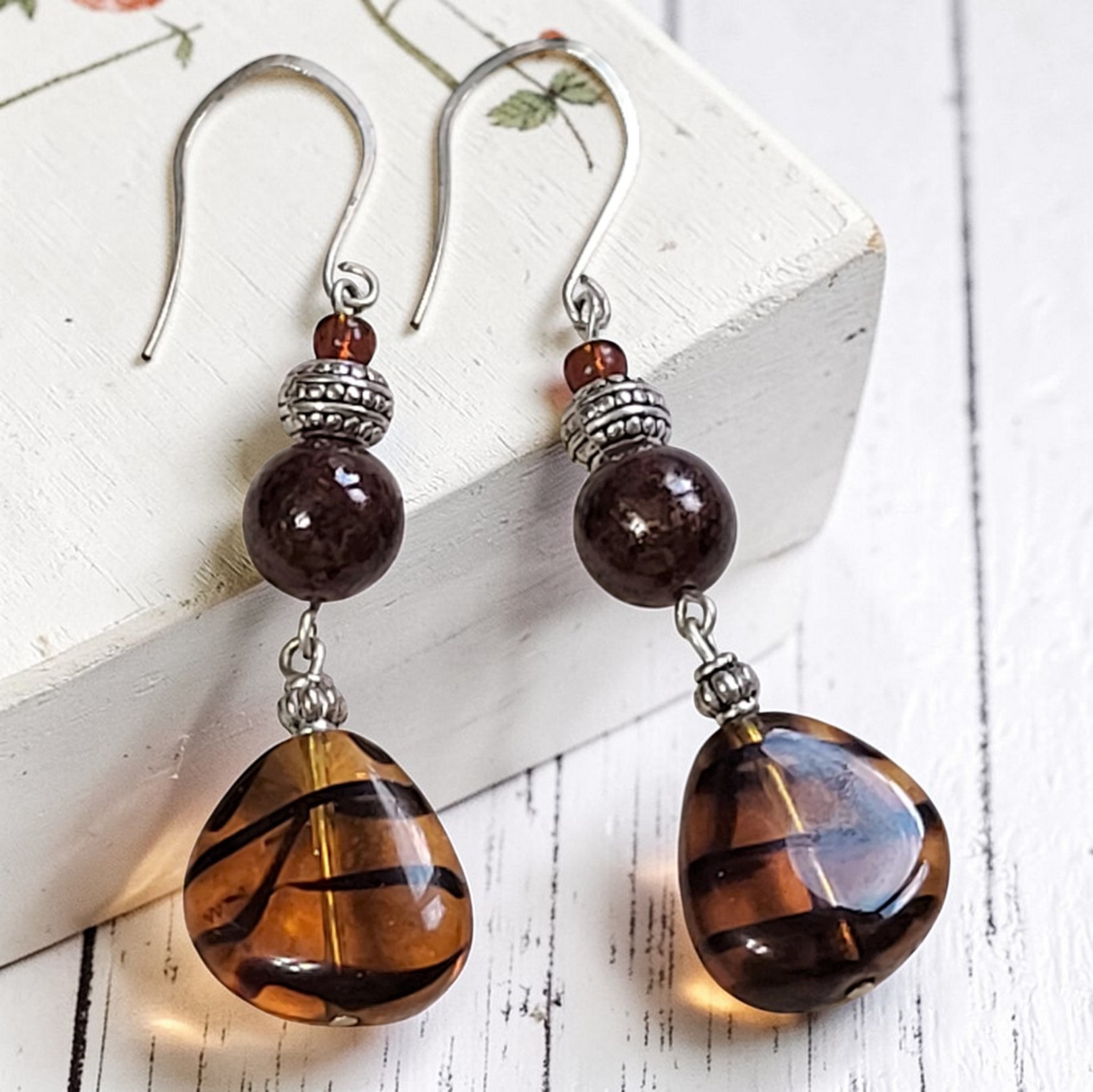 Beaded Earrings with Tiger Stripe Glass and Sterling Silver