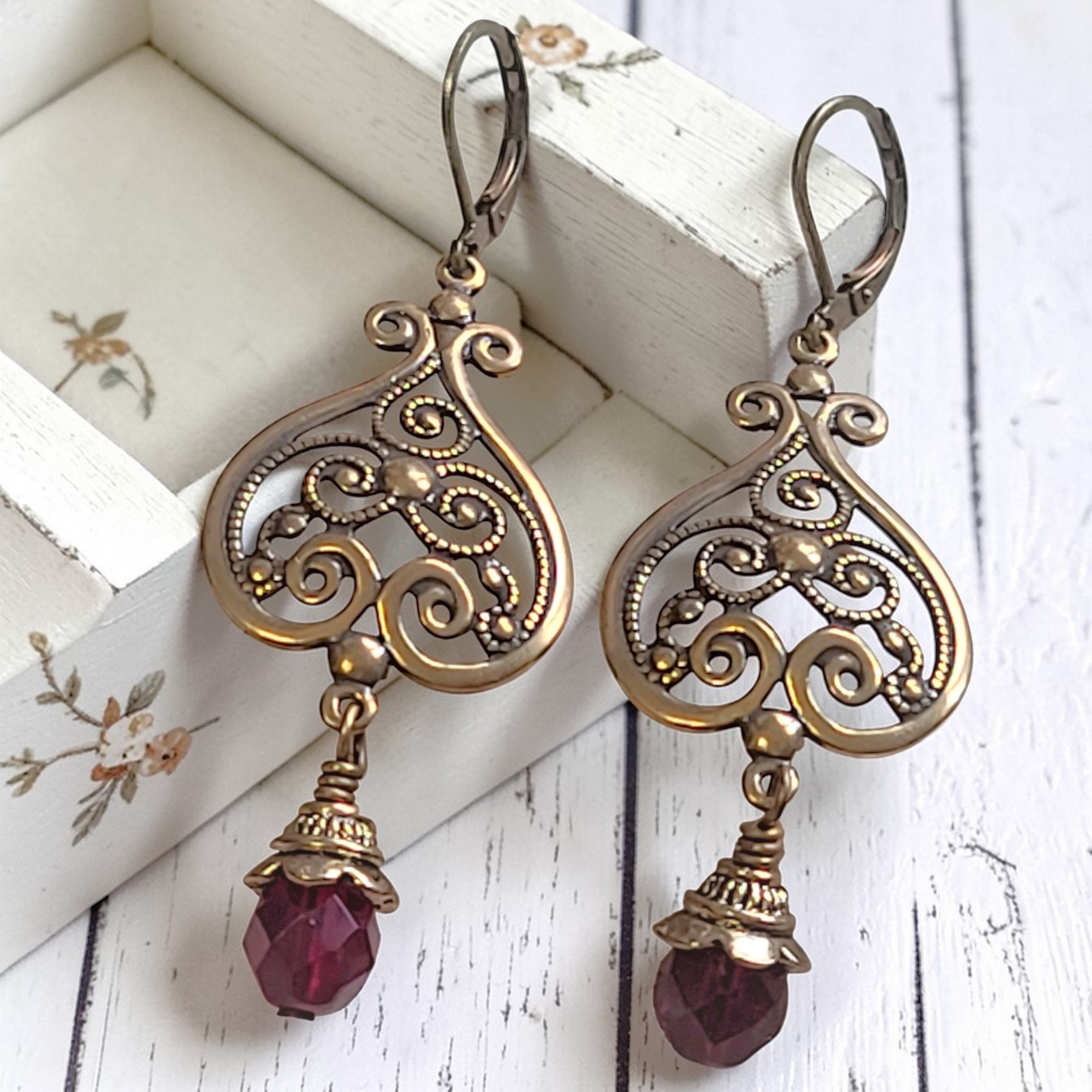 Victorian Inspired Scrolled Heart with Drop Crystal Earrings