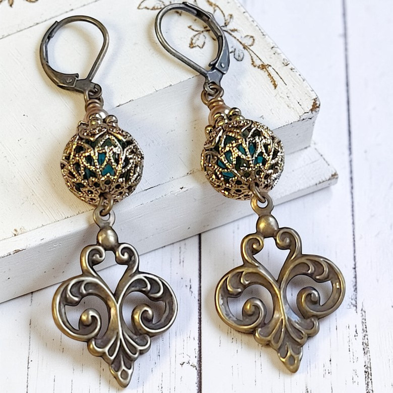 Victorian Inspired Earrings with Fleur De Lis Dangle
