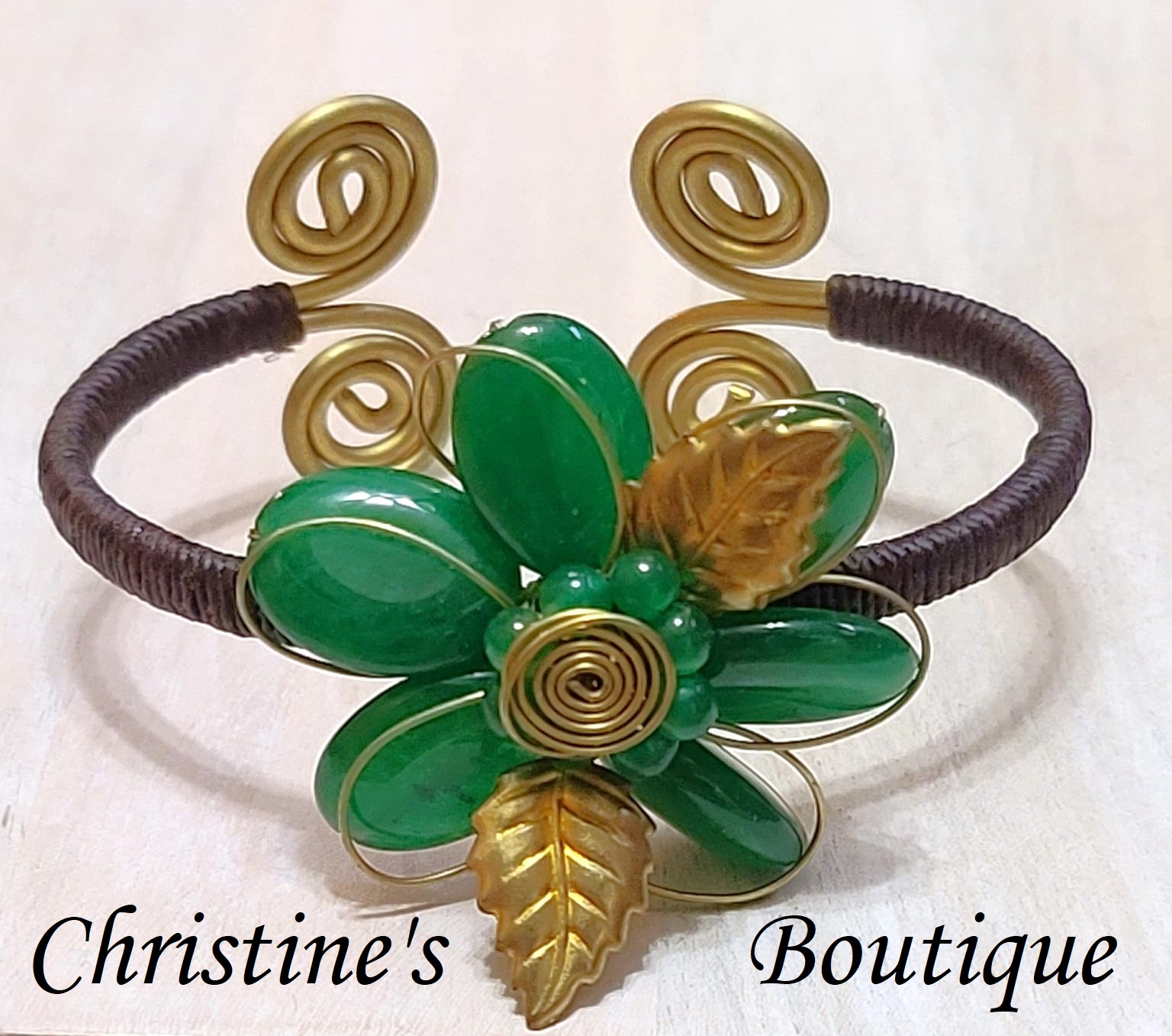 Aventurine gemstone cuff bracelet, handcrafted wire work