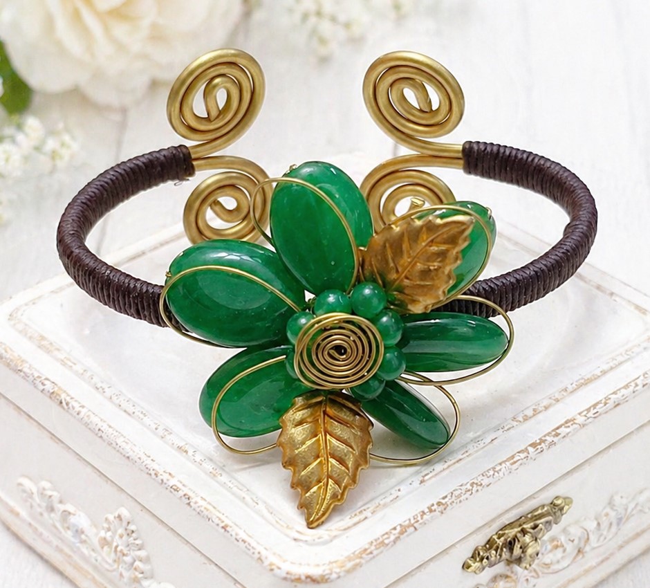 Wire Wrapped Aventurine Gemstone Flower Cuff Bracelet