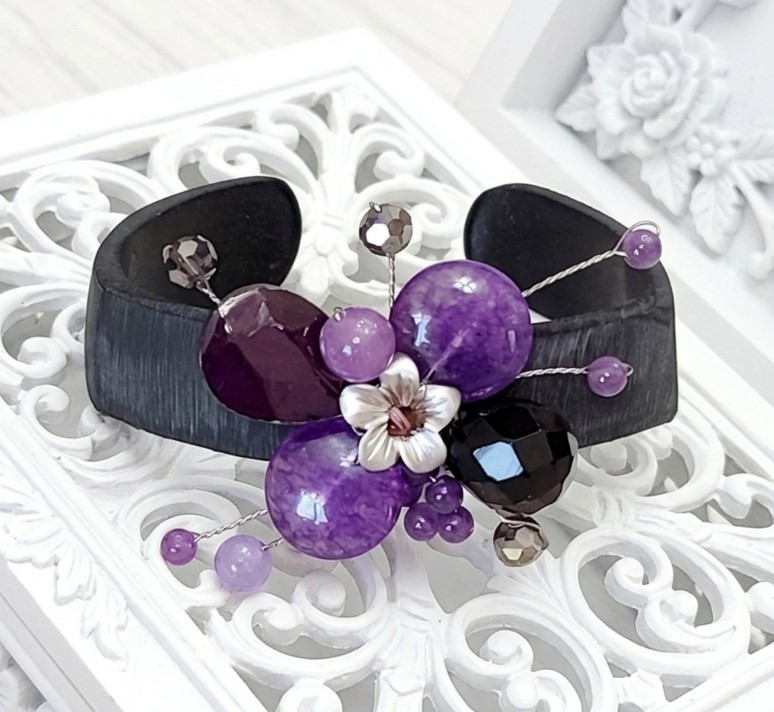 Amethyst Gemstone, Crystal and Glass Wood Cuff Bracelet