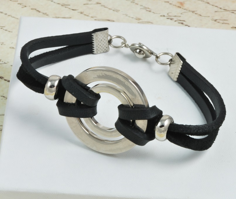 Black Leather and Stainless Steel Bracelet 7"