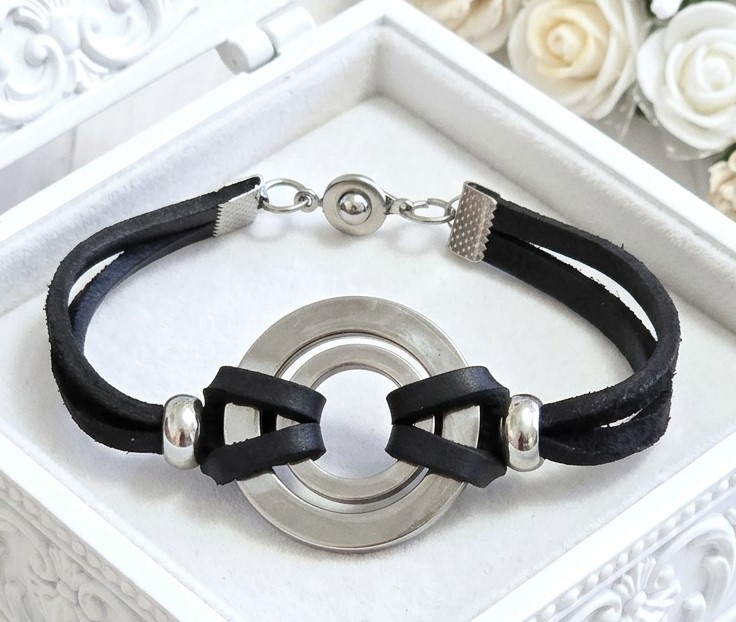 Modernist bracelet handcrafted bracelet, black leather and stainless steel 7" bracelet