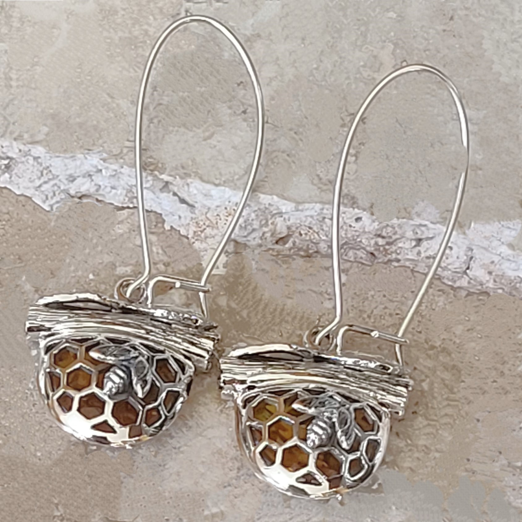 Baltic Amber Gem & Sterling Silver Bee Keeper Earrings - Click Image to Close