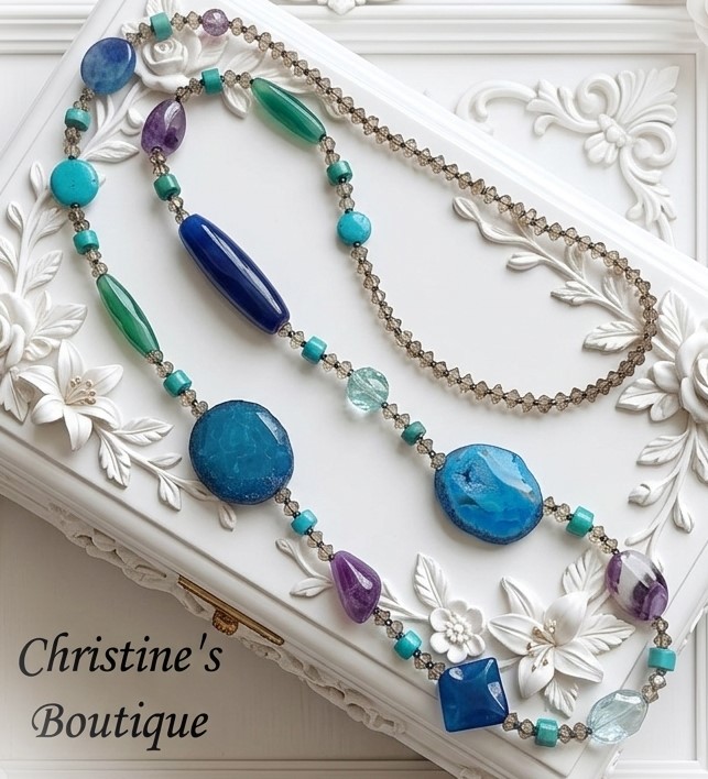 Blue Agate, Amethyst,Turquoise & Glass Bead Necklace 37"