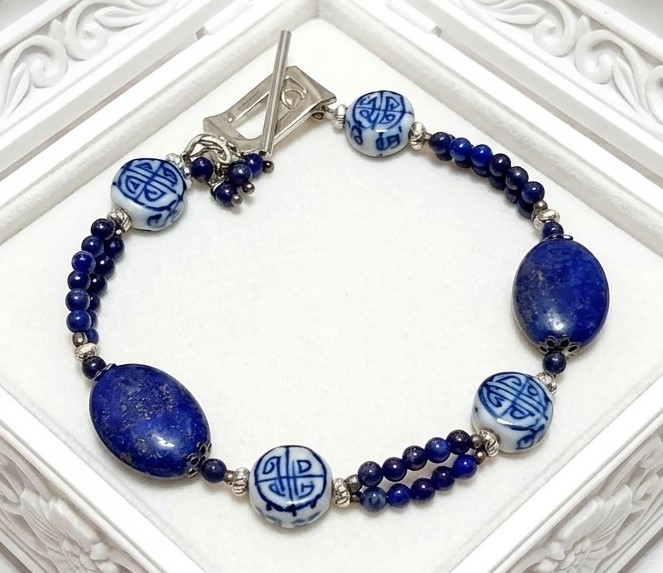 Blue lapis bracelet with asian pattern ceramic beads 2 row