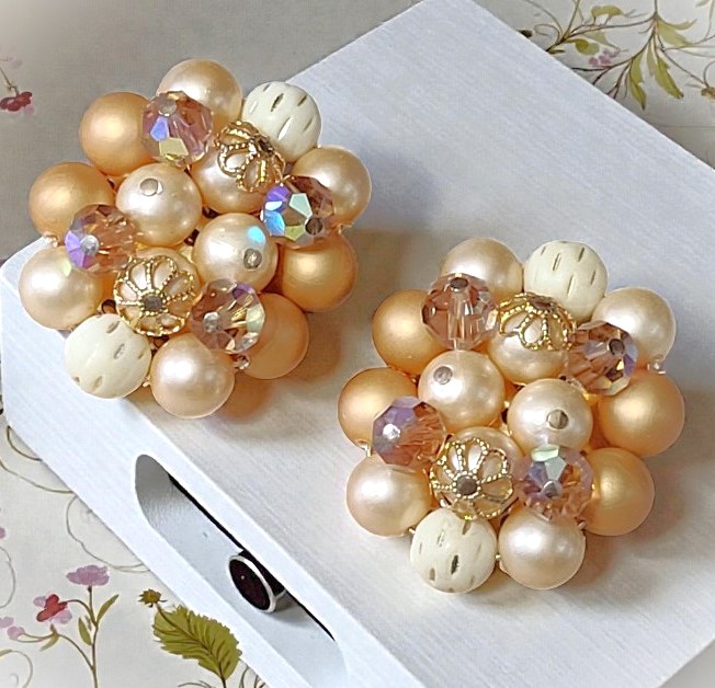 Pearl and crystal earrings, vintage clip ons signed Lorraine Marsel