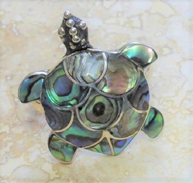 Paua Shell & 925 Sterling Silver Turtle Ring Size 7