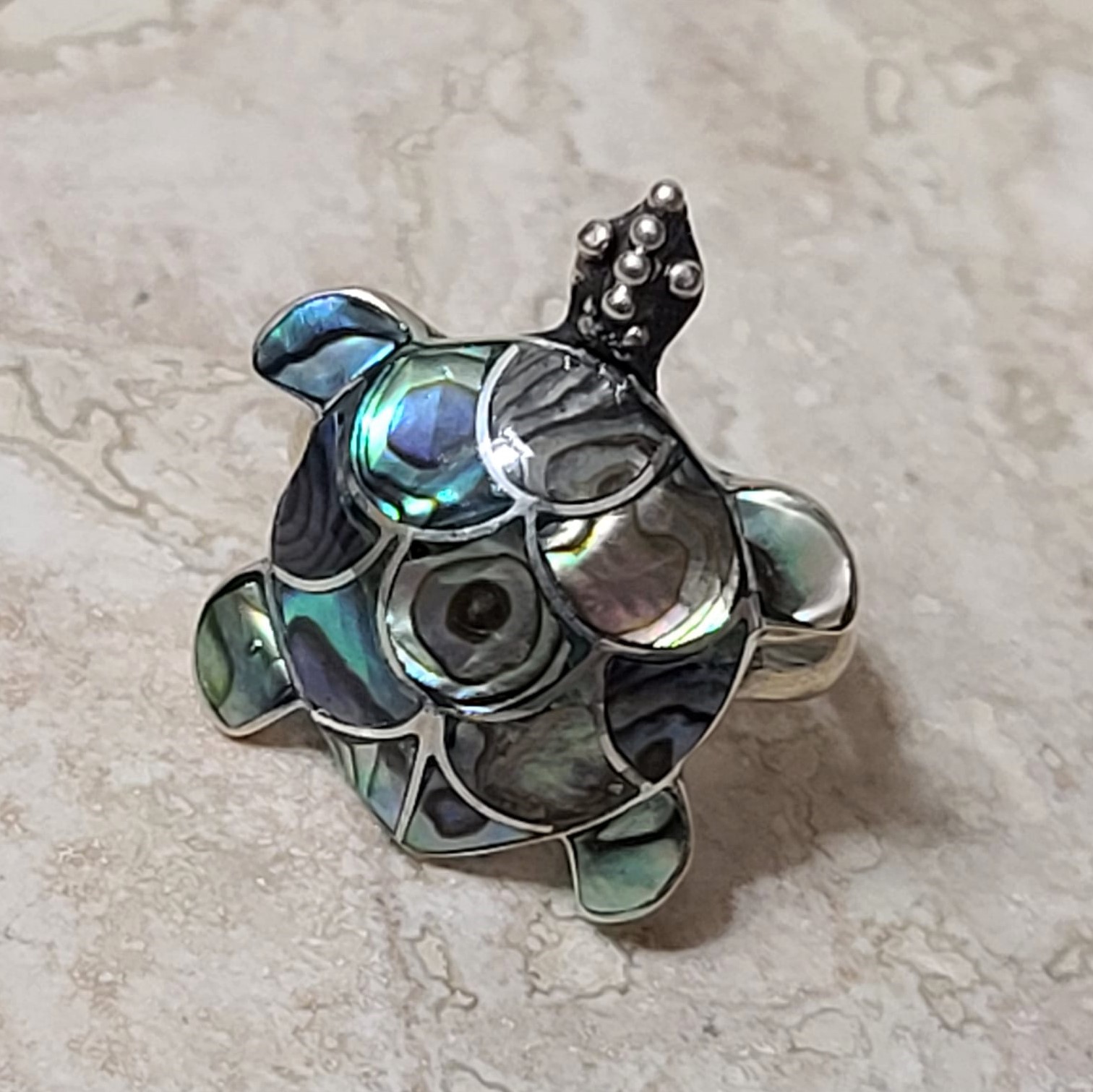 Paua Shell & 925 Sterling Silver Turtle Ring Size 7