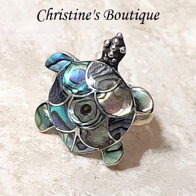 Paua Shell & 925 Sterling Silver Turtle Ring Size 7 - Click Image to Close